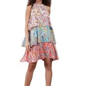 *NEW* NY & Company Paisley print 3 tier swing Dress Size L Sleeveless Halter